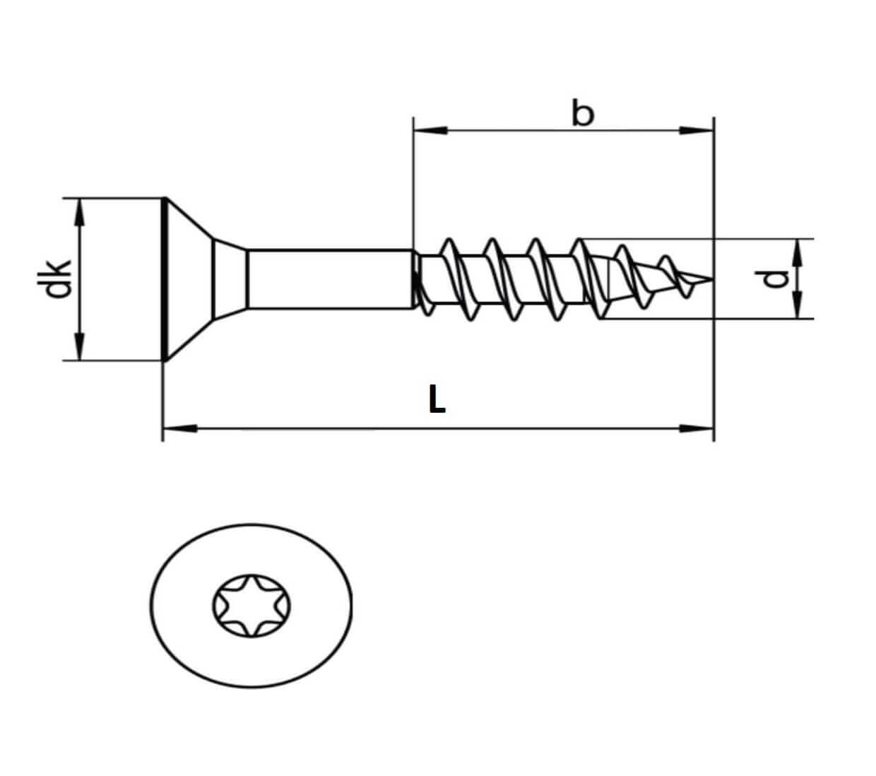 technical line drawing of a2 stainless steel torx drive wood screws