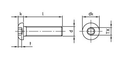 technical line drawing of ISO 7380 torx button head screws