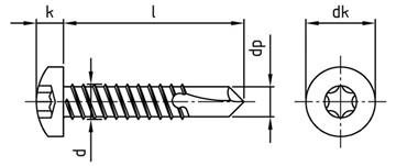 technical line drawing of A4 stainless steel pan head tek screws