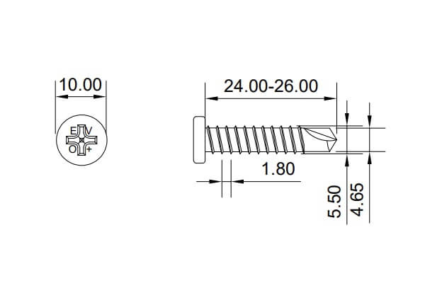 technical line drawing of EVOLUTION bimetal low profile head self-drilling tek screws BMTSPH5.5-25-3