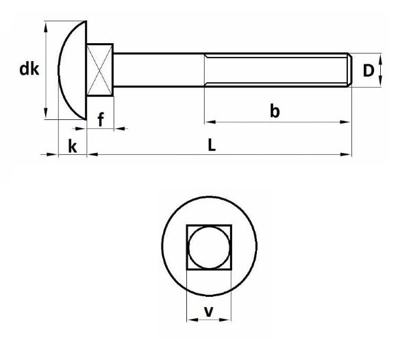 technical line drawing of din 603 stainless steel coach bolts carriage bolts