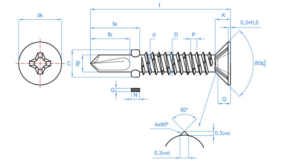 Technical line drawing of wing tip tek screw