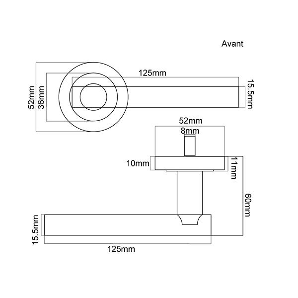 technical line drawing of Fortessa Avant Door Handle
