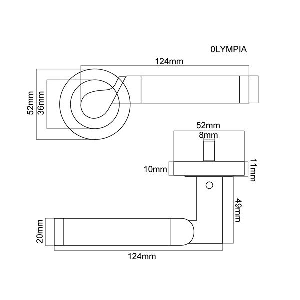 technical line drawing of Fortessa Olympia Door Handle