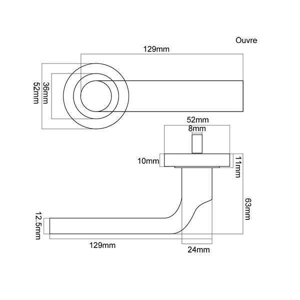 technical line drawing of Fortessa Ouvre Door Handle