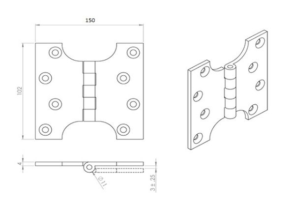 Technical line drawing of Jedo J9009B parliament hinges