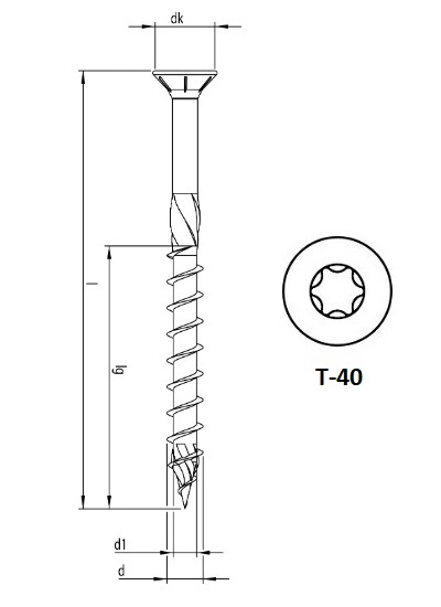 Technical line drawing of Heco Topix Countersunk structural wood screws