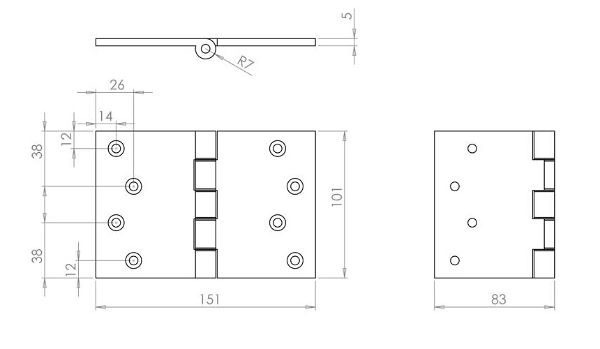 Technical line drawing of Jedo J9036 projection hinges