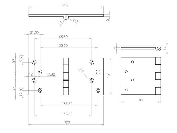 Technical line drawing of Jedo J9037 projection hinges