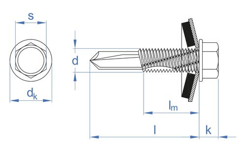 technical line drawing of DIN 7504K hexagon head tek screws with EPDM sealing washer