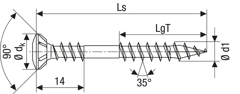 Technical line drawing of SPAX dual thread decking screws