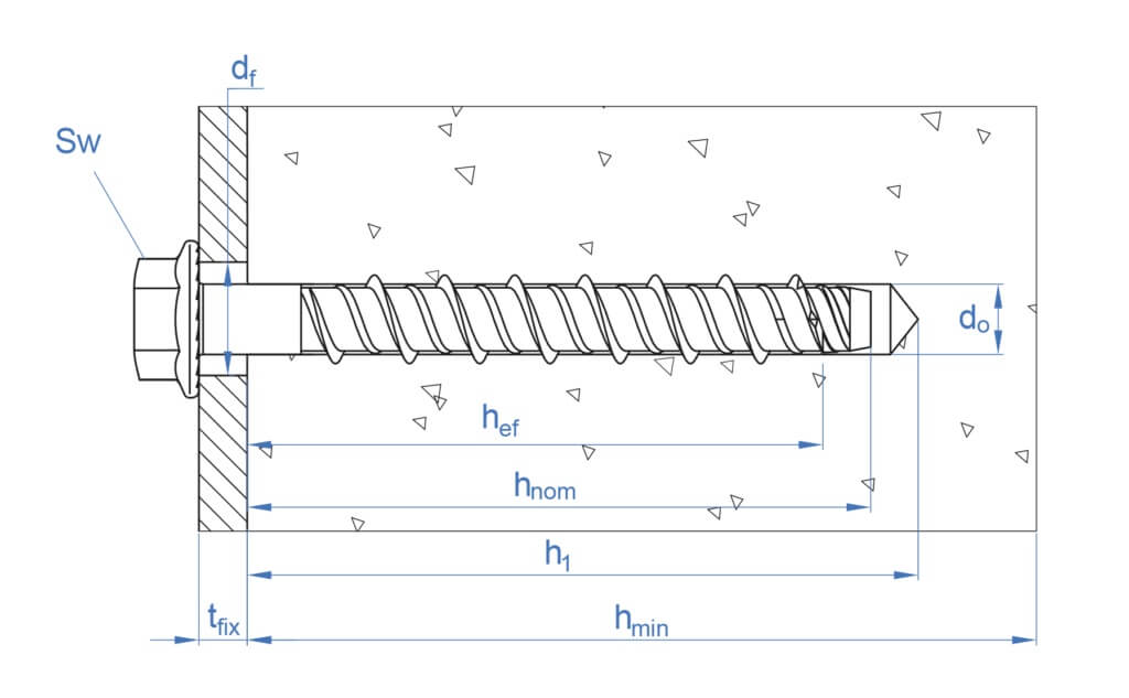 Technical line drawing of Index TFE hexagon head eta approved concrete bolts