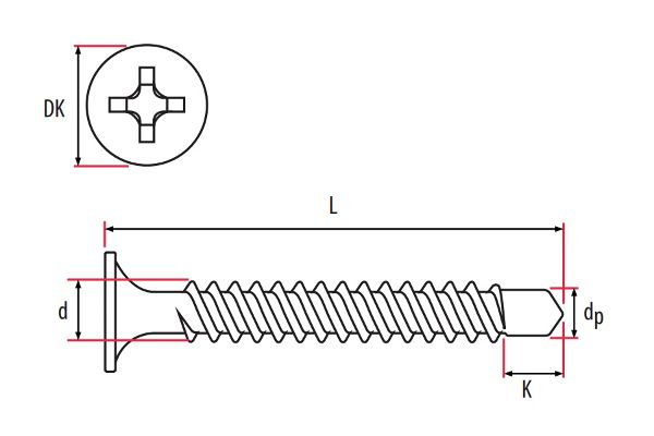 Technical line drawing of TIMco metal stud collated self-drilling plasterboard screws