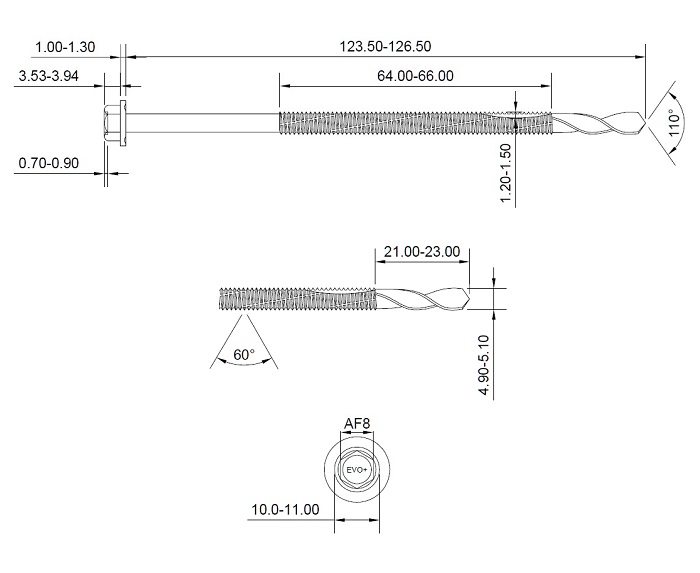technical line drawing of evoshield supertek 7 screws 125mm