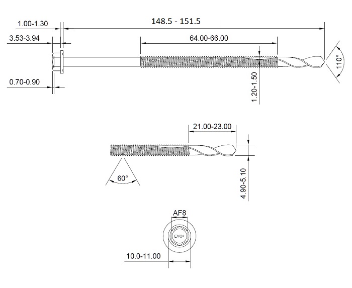 technical line drawing of evoshield supertek 7 screws 150mm