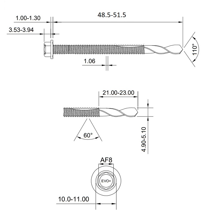 technical line drawing of evoshield supertek 7 screws 50mm