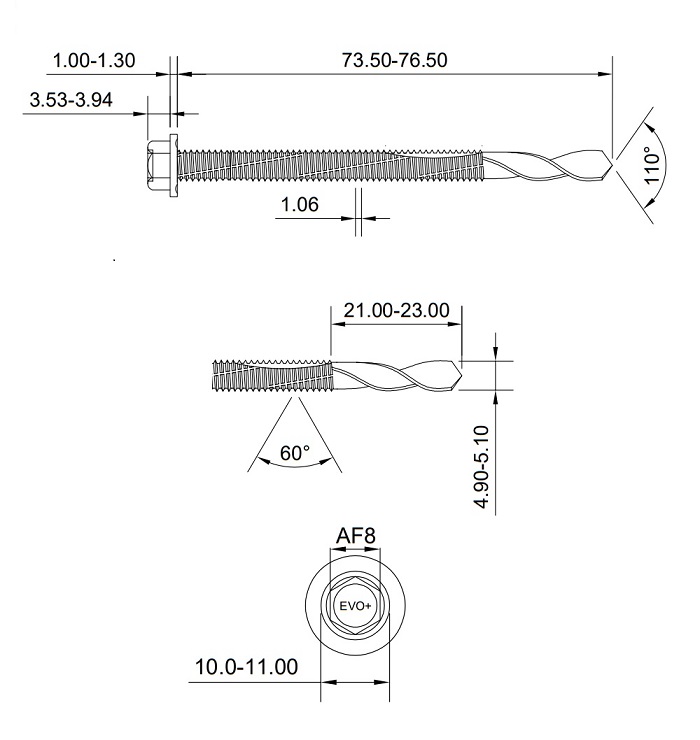technical line drawing of evoshield supertek 7 screws 75mm