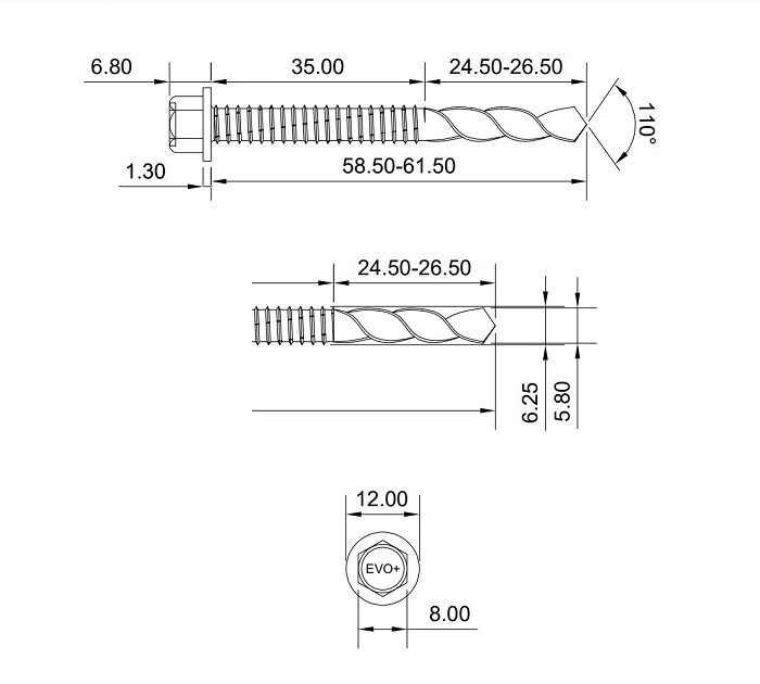 technical line drawing of evoshield supertek 8 screws 100mm