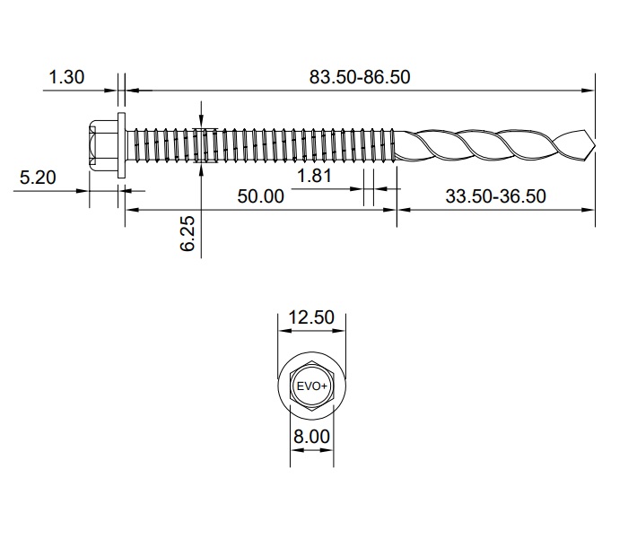 technical line drawing of evoshield supertek 10 screws 85mm