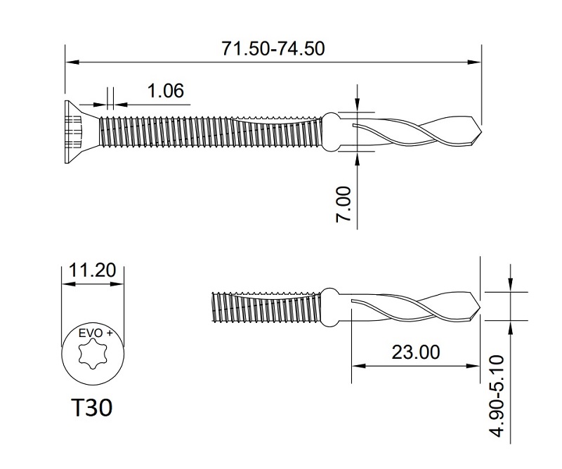 technical line drawing of Evoshield supertek-7 wing tip tek screws