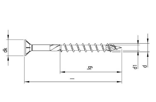 Technical line drawing of Heco Topix countersunk head structural wood screws